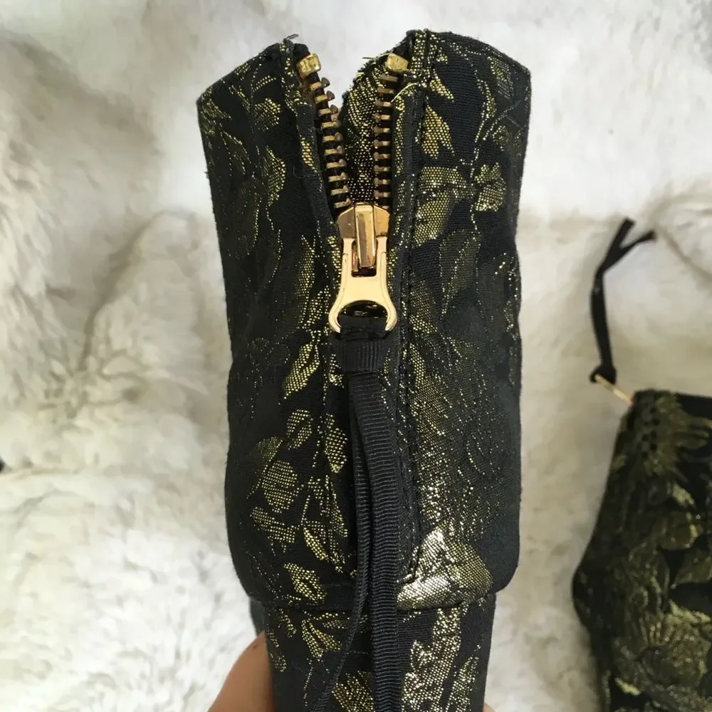 Steve Madden Black Gold Jacquard Cynthia Floral Fabric Ankle High Heel Boots 7.5